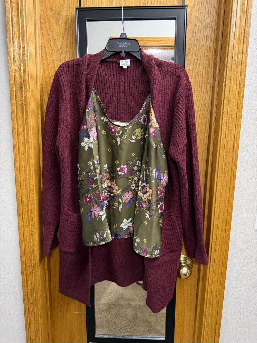 Avenue Open-Front Maroon Knit Cardigan silk type tank.